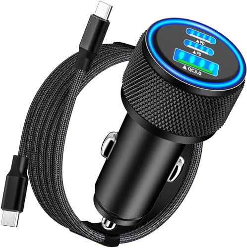 【MFi Certified】iPhone 16 Fast Car Charger, KYOHAYA 3-Port 67W PD/QC3.0 Car Power Adapter USB-C Fast Charging Cigarette Lighter with Type-C Braided Cable for iPhone 16 15 Pro Max/Galaxy/Pixel/iPad Pro