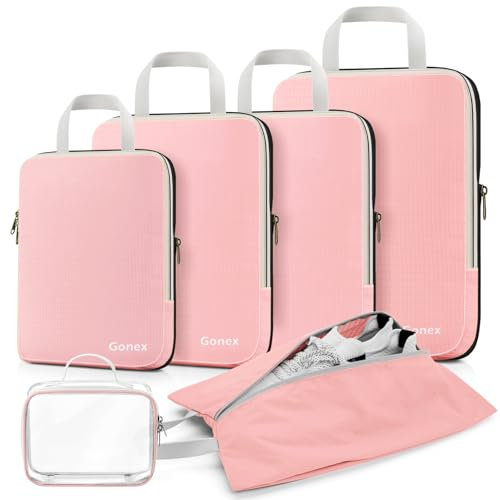 Gonex Rangement Valise Lot de 6 Packing Cubes Compression Organisateur de Voyage Organisateur Valise Sacs de Rangement avec Compression Pour Voyages ou Stockage à Domicile,Rose