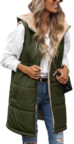 Tuopuda Gilet Donna Lungo in Pile, Smanicato Invernale con Cappuccio, Cappotto Senza Maniche Termico Giubbotto Imbottito Giacca con Cerniera e Tasche, verde militare, XXL