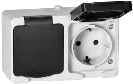 Miratic Presa Esterna da Muro con Coperchio Presa Schuko Esterno 2 x 2 Poli + Terra Colore Nero-Bianco Finitura Opaca IP54 Presa a Muro Alta Resistenza e Sicurezza (presa doppia)