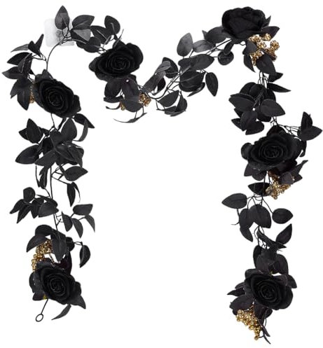 PH PandaHall Künstliche Schwarze Rosenranke (30) cm Blumenrankengirlande Florale Wanddekoration Girlande Mit Goldenen Beeren Und Schwarzen Blättern Für Halloween Zimmerspiegel Dekor