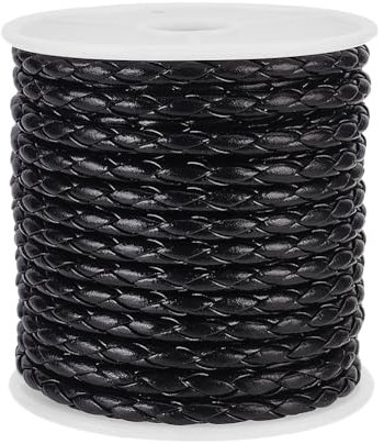 DELORIGIN 11Yards(10m) Black Braided Cord 4mm Round Folded Bolo Braided Imitation Leather Beading Cord Rope Leather String Cord for Handmade Craft Bracelet Making Necklace Clothing Decor Bolo Tie