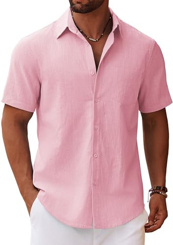 COOFANDY Short Sleeve Shirts Men Casual Summer Shirts Lightweight Cotton Shirt Solid Linen Shirs Mens Beach Tops Holiday with Pocket Pink L