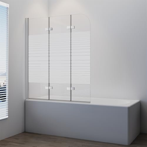 IMPTS Duschwand Faltwand für Badewanne 3 teilig, Badewannenaufsatz mit Milchglas Streifen 130x140cm Badewannenfaltwand Duschabtrennung mit 6mm Teilsatiniert Nano ESG Glas 180° Schwingen