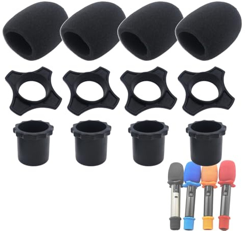 Cheerock 4 Set Black Wireless Handheld Microphone Protection Kit - Shakeproof Anti-Rolling Silicone Ring, Bottom Rod Sleeve Holder, Windscreen Foam Cover for KTV Mic Device