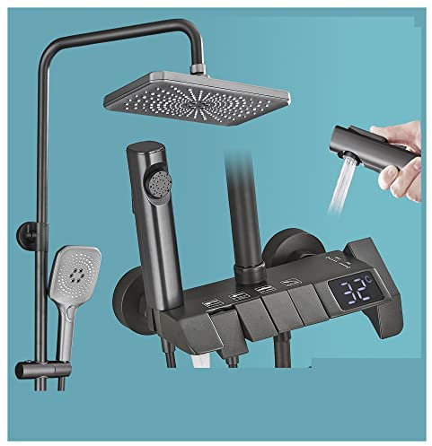 Set miscelatore doccia termostatico Piano grigio Set doccia digitale Rubinetti doccia da bagno intelligenti in ottone Rubinetto a cascata calda e fredda Sistema doccia a pioggia grigio (Nero 1)