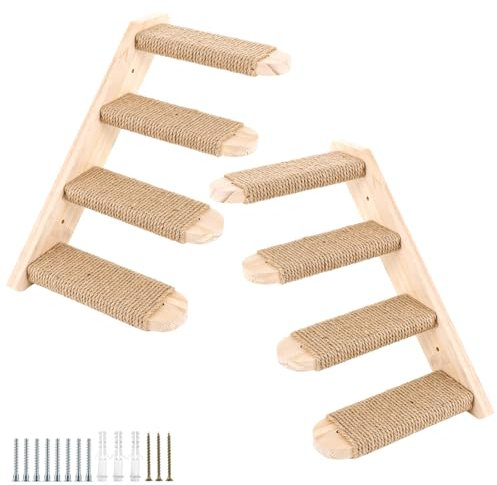 YAYODS 2 Stück Kletterwand Katzen Wandelemente - 40x20CM Katzentreppe Wand aus Massives Gummiholz, Katzenleiter mit Juteseil - Katzenkletterwand für Katzen bis 15 kg, Katzen Wand Klettern für Klettern