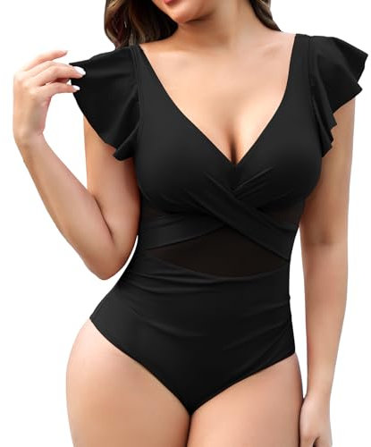 SHAPERIN Women One Piece Twist Front Swimsuits V Neck Ruffle Swimming Costume Sexy Mesh Patchwork Monokini Bathing Suit, Black, M