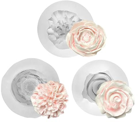 3 Stück 3D Silikonform Blumen, Rosen Nelke Pfingstrose Silikonformen, Blumen Kerzenform Gießformen Kerzen für die Herstellung von handgefertigten Duftkerzen, Seifen, Gips Harzhandwerk