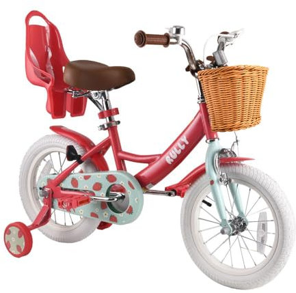 RULLY Strawberry Kinderfahrrad 16 Zoll für Mädchen von 4-7 Jahren, mit Stützrädern, Mädchenfahrrad mit Korb und Puppensitz, Rosa