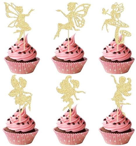 Fee Cupcake Deko 24 Stück Muffin Deko Feen Cake Topper Fee Gold Cupcake Dekoration Geburtstag Baby Party Kuchendekoration für Geburtstagsfeier, Hochzeit, Taufe