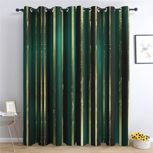 Elegantes Streifenmuster Vorhänge, Dunkelgrün Gold Verdunklungsvorhänge mit Ösen, Vorhang Blickdicht für Wohnzimmer Schlafzimmer Dekoration, Gardinen mit Muster, 2er Set, 175 x 140 cm (HöhexBreite)
