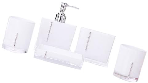 Juego de 5 tocadores de baño acrílicos con soportes de cristal para cepillos de dientes, dispensador de jabón, vasos, recipientes de loción líquida, juego de almacenamiento de baño contemporáneo