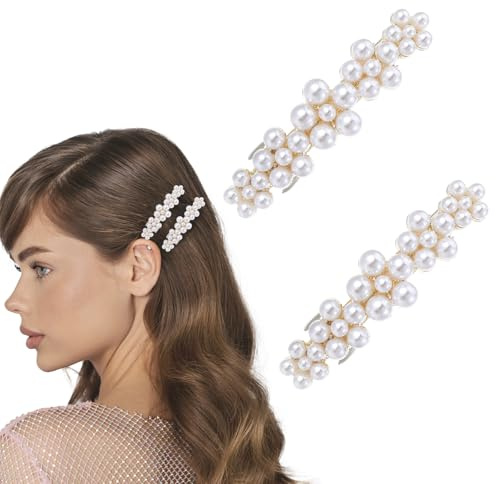 Shimmeroo 2Pcs Pearl Hair Clip,Flower Pearl Hair Slides for women French Barrette Jewelry for Wedding Women Barrettes Wedding Brides Party Accessories Daily Use