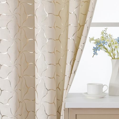 Gazal Vole Lot de 2 Rideaux crème doré à Motif géométrique, H213 x l132 cm, Velours Doux, Rideaux obscurcissants 75-80%, œillets métal 4 cm, Salon Chambre Bureau