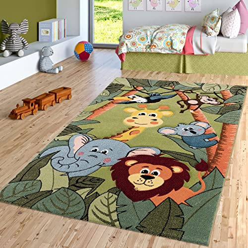 TT Home Kinderzimmer Teppich Dschungel Zoo Tiere Giraffe Schlange Löwe AFFE Grün, Größe:200x290 cm