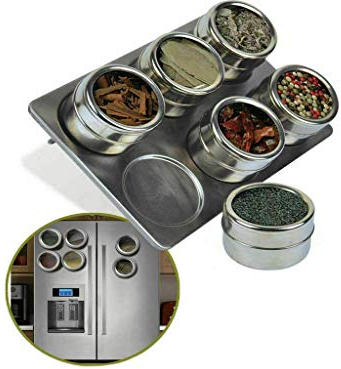 Mantraraj 6 Pc Magnetic Herb Spice Home Kitchen Spice Rack Tin Jar with Holder Stand Stainless Steel and Portable Jars Storage Containers Set Seasoning Creative with Stand and Wall Mount
