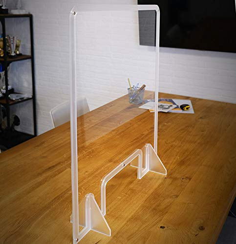 Mampara de protección fabricada en 8mm, tornillos metálicos de refuerzo y contorno translúcido mateado, interior fabricado en metacrilato de 2mmn para mayor transparencia (560x600)
