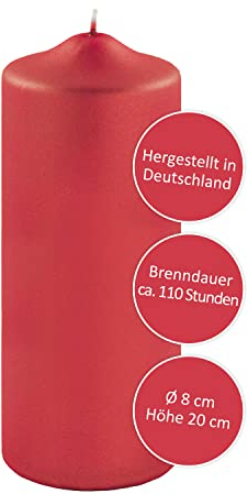 FINK Stumpenkerze rot für Hohczeitsdekoration Tischdekoration - raucharm duftneutral - H 20 D 8 cm - RAL Qualität