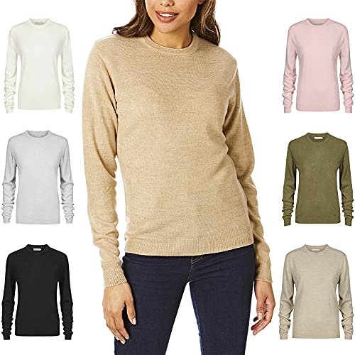 Light & Shade Womens Crew Neck Top Supersoft Knitted Jumper, Camel, L