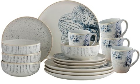Corona Geschirrset 16-teilig - Teller Schalen und Tassen Set - Keramik Sets für 4 Personen - Mikrowellen- und Spülmaschinenfest - Cattleya-Orchidee Design