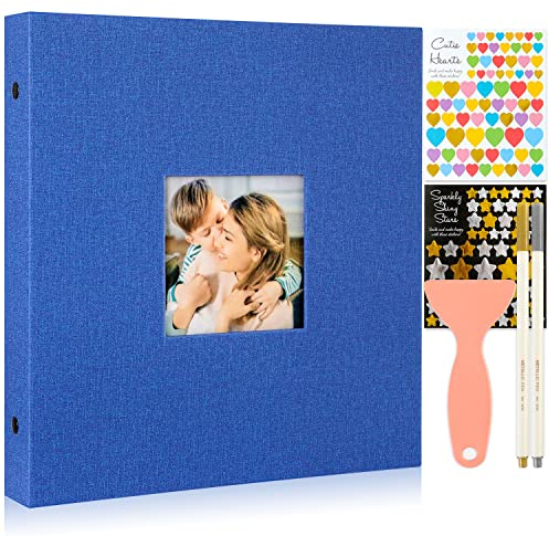 Benjia Fotoalbum Selbstklebend Einkleben, Leinen Weiße Seiten Fotoalbum Selbstgestalten mit Aufkleber & Metallischer Stift für 9x13 10x15 13x18 a4 a5 a6 (Klein 40 Blatt / 80 Seiten, Blau)