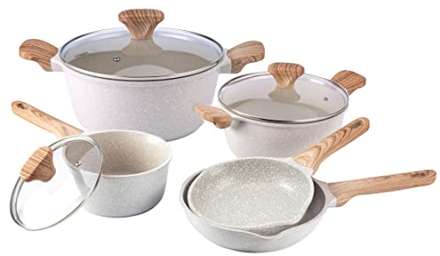 Country Kitchen Set di pentole antiaderenti a induzione, 8 pezzi, pentole e padelle antiaderenti in alluminio pressofuso con manici Bakelite, pentole e padelle atossiche, crema maculata con manici in