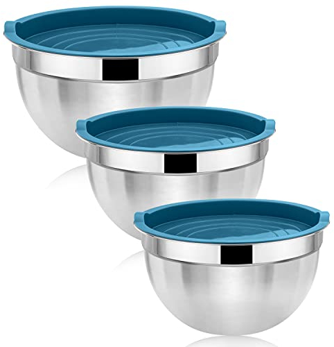 Herogo Mixing Bowl Set of 3, Stainless Steel Nesting Bowl with Blue Airtight Lids, Ideal for Baking Cooking Serving, Non-Toxic & Rust Free, Dishwasher Safe (4.5/2.7/1.5 QT)