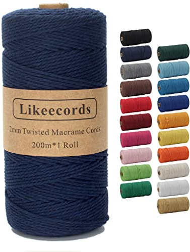 Likeecords Beige Makramee-Schnur 2 mm x 220 Yards, farbiges Makramee-Seil, Baumwollseil, Makramee-Garn, Bunte Baumwoll-Bastelschnur zum Aufhängen, Pflanzenaufhänger, Basteln, Stricken (Dunkelblau)