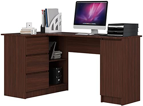 3xE Living Desk Lynna B20 Links WENGÉ Großer Eckschreibtisch mit DREI Schubladen und einem Schrank, Linke Seite, Maße: Höhe: 77 cm, Breite: 155/89 cm, Tiefe: 45/48,5 cm