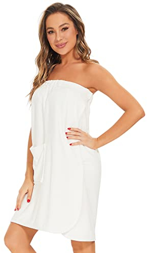 Ymmchy Sauna Frottee Bademantel Damen Saunatuch Saunakilt mit Druckknöpfen, Tasche und Gummizug Weiß L