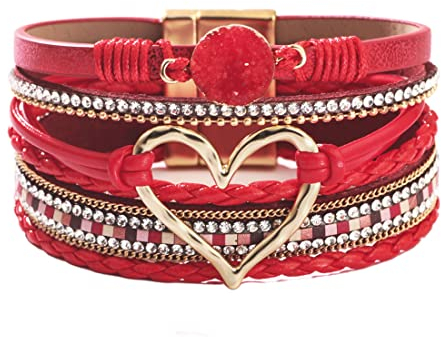 ARHZ Damen-Armbänder, Boho-Herz-Armbänder, Leder, geschichtet, geflochten, Armband, Schmuck, Geschenke, personalisierte Damen-Geschenke(Rot)
