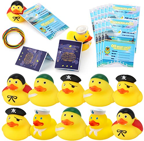 12 Sets Duck Tag Cruise Kits, 12pcs Rubber Cruise Ducks (4 Styles) and 12pcs Tags with Rubber Bands, Funny Rubber Ducks for Cruise Ships for Kids Students Party Hiding Games