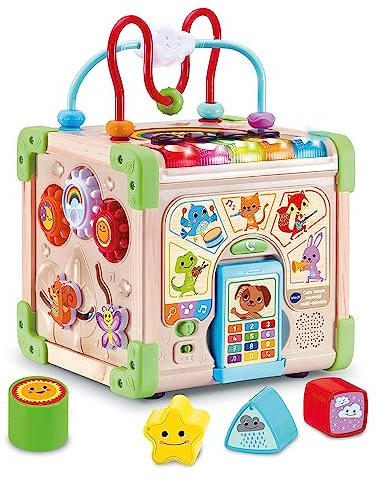 VTech - Cube Nature Interactif Multi Activité, Cube d’Activités Bébé, Jouet d'Éveil Sensoriel Partiellement en Bois, Trieur de Formes, Piano Lumineux, Cadeau Bébé Dès 9 Mois - Contenu en Français