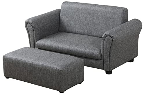 DGBAOBEI Kids Sofa Couch with Ottoman/PVC Leather Toddler Couch Chair with Plastic Legs/Upholstered Children Armchair for Kids Under 4 Years Old/Double Seat with Stool (Gray)