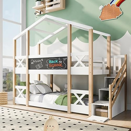 Cama Infantil Casita Árbol De 90 X 200 Cm con Escalera Litera Alta con Protección contra Caídas Y 2 Somieres Cama Casita para Niños Jóvenes Cama De Suelo Juvenil Habitación Infantil Blanco Natural