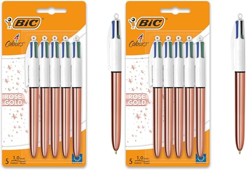 Bic 4 Colours Rose Gold Pen, Multi Coloured Pens All In One, Retractable Ballpoint Pen, Medium 1.0mm, Green, Blue, Red, Black, 5 Pens Per Pack, 2 Pack