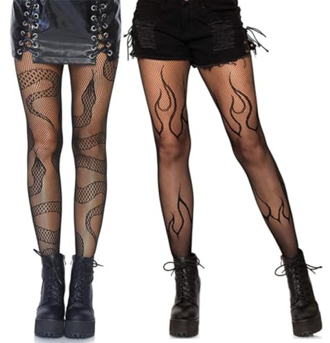 SamHeng Gedruckt Netzstrumpfhose Für Damen, 2 Paar Schwarz Schlange Flamme Gemustert Elastisch Hohe Taille Fishnet Stockings, Modisch Sexy Netzstrümpfe Nachtclub Strumpfhosen für Party Cosplay