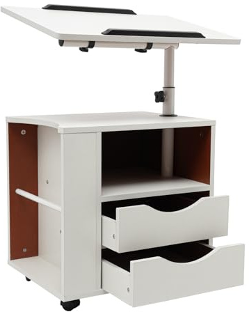DSYOGX Drehbarer Nachttisch, Holz Floating Lift Top Bett Beistelltisch Ausziehbar Schreibtisch Betttisch mit Schubladen, Rädern und Offenem Regal für Haus, Büro und Schule (Weiß)