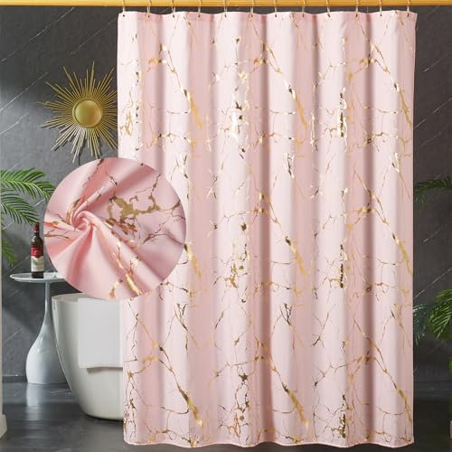 Pink Fabric Shower Curtain,Pink and Gold Marble Shower Curtains for Bathroom with Hooks,Unique Glitter Metallic Gold Foil Printed,Water-Proof,Washable,Fabric Shower Curtain,Standard 72x72 Inches