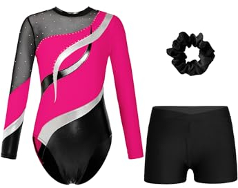 Jowowha Mädchen Turnanzug Glitzer Gymnastikanzug mit Turnshorts Haarband Set Langarm Ballettanzug Trikotanzug Turnen Performance Tanzkostüm Da Dunkel Rosa&Schwarz 170-176