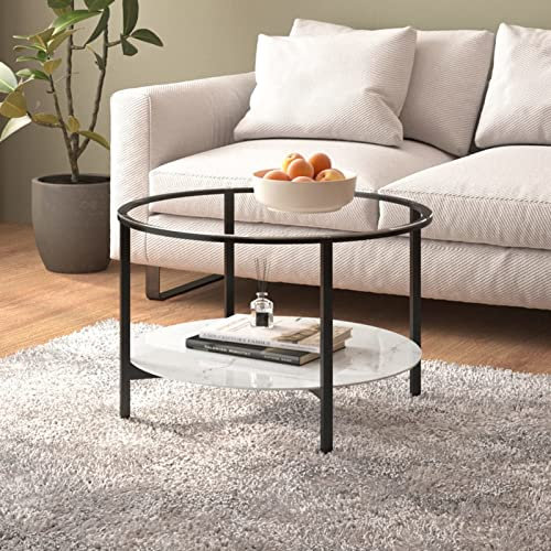 Rantry Couchtisch Schwarz und weißer Marmor, 70 cm, aus gehärtetem Glas, Esstisch, Küchentisch, Gartentisch, Outdoor-Möbeldekoration