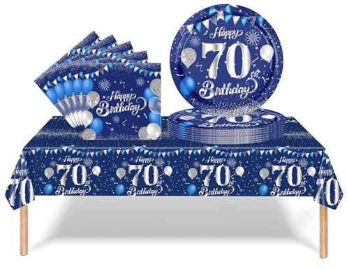 37Pcs 70th Birthday Tableware Set Navy Blue,70th Birthday Decorations with Party Paper Plates and Napkins,Plastic Table Cloth for Her His Women Men Happybirthday Table Decoration Dinnerware Supplies