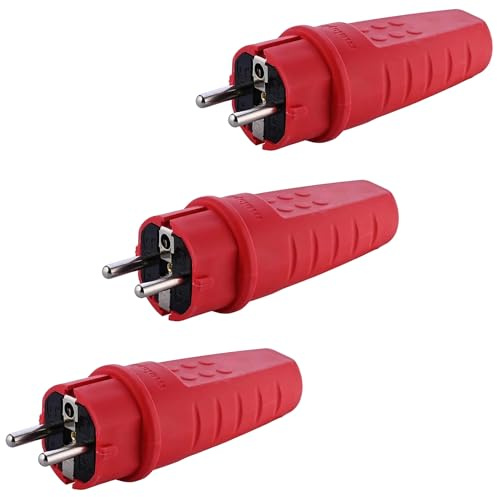 Schuko Stecker 230V 16A IP44, Rot, 3 Stück | Schukostecker 220V, Stromstecker und Schutzkontaktstecker für Außen, Gummi Kabelstecker