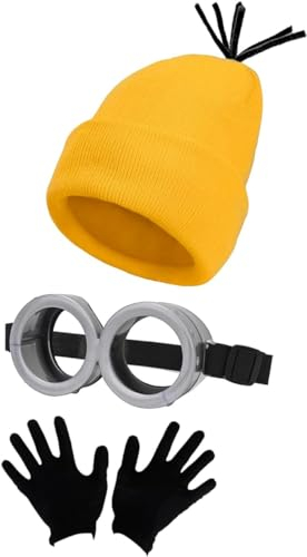 LeMarnia 3-teiliges Kostümzubehör für Erwachsene, Steampunk-Brille Gelbe Beanie Mütze Schwarze Handschuhe Halloween Party Set