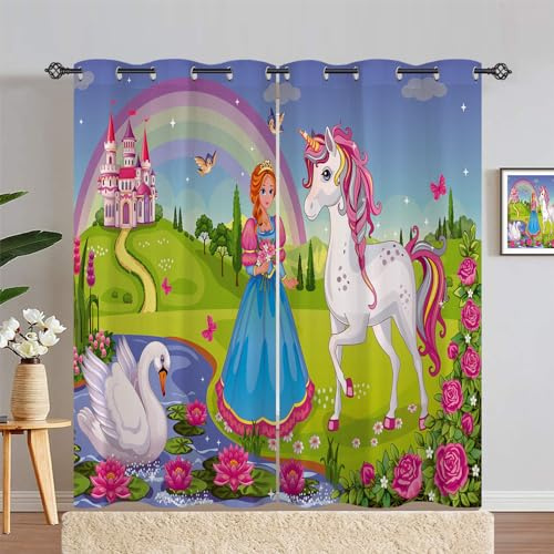 ANHOPE Einhorn Prinzessin Schloss Vorhänge mit Ösen Blickdichte Gardinen Blackout Curtain Thermo Vorhang Kinder Mädchen Schlafzimmer Wohnzimmer Verdunklungsvorhänge 2er Set H 200 x B 140 cm