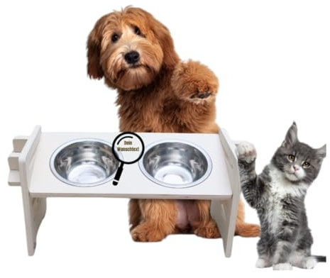 Personalisierbare Futterstation in weiß aus Holz | Erhöhter Futternapf für Hund und Katze | Fressnapf höhenverstellbar | Hundenapf erhöht | Katzennapf