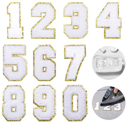 Numeri termoadesivi per abbigliamento, 10 pezzi, 7,9 cm, bianchi, numero da 0 a 9, grandi toppe in ciniglia Varsity, toppe autoadesive in tessuto ricamato, per magliette, sport, calcio, jeans, borse,