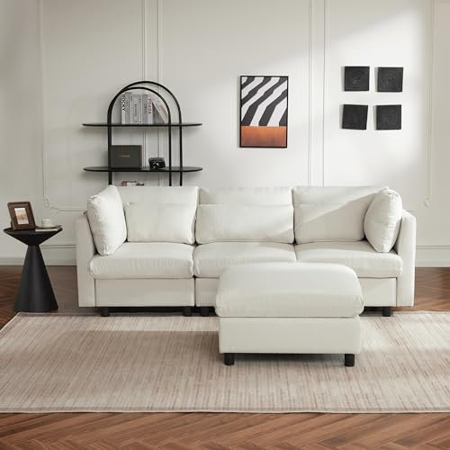 Zepneiy Canapé Design Moderne, Meubles rembourrés, canapé d'angle Trois Places en Forme de L, canapé d'angle avec Repose-Pieds, Beige