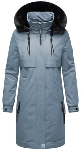 Navahoo Damen Mantel lange warme Winterjacke mit Kunstfell und Kapuze (beides abnehmbar) Kaltwetterretter 14 Stormy Blue Gr. XS